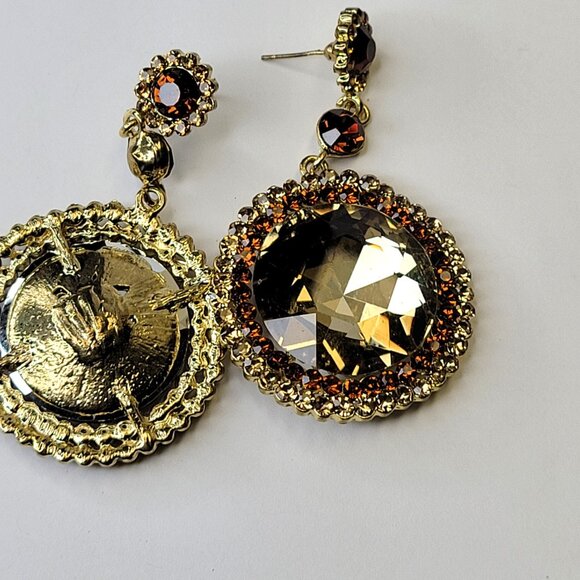 Vintage Inspired Round Cut Champagne and Amber Glass Stone Drop Earrings - Picture 6 of 11